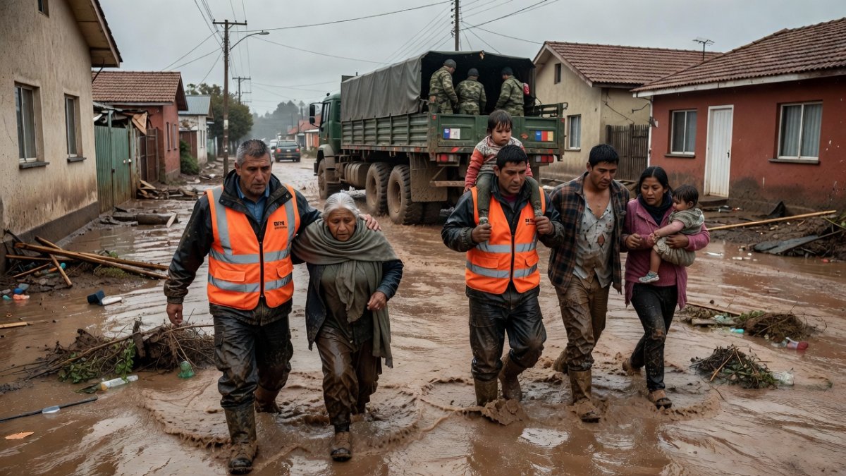 Rescue workers evacuating residents through flooded streets in Coquimbo, Chile
