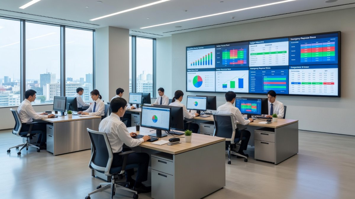 Modern digital government office interior in rural Japan with data displays