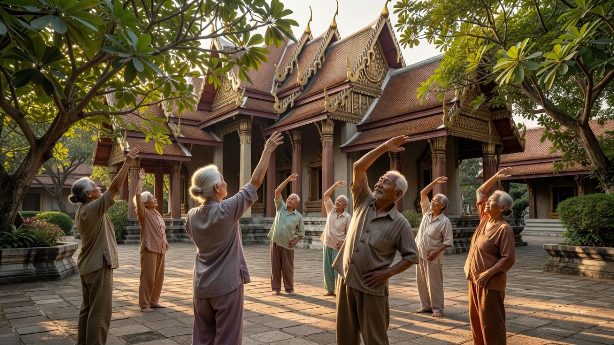 Thai elders participate in community wellness exercise at a temple courtyard in Bangkok