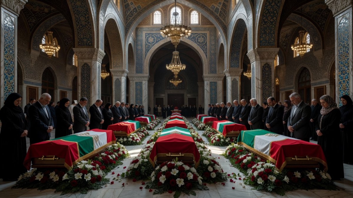 Flag-draped coffins of Ayatollah Khamenei and family members lying in state at the Grand Mosalla