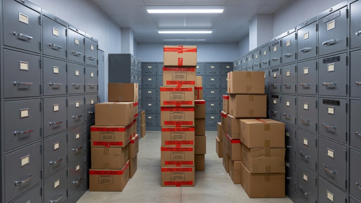 DEA evidence room with seized narcotics and forfeiture documentation
