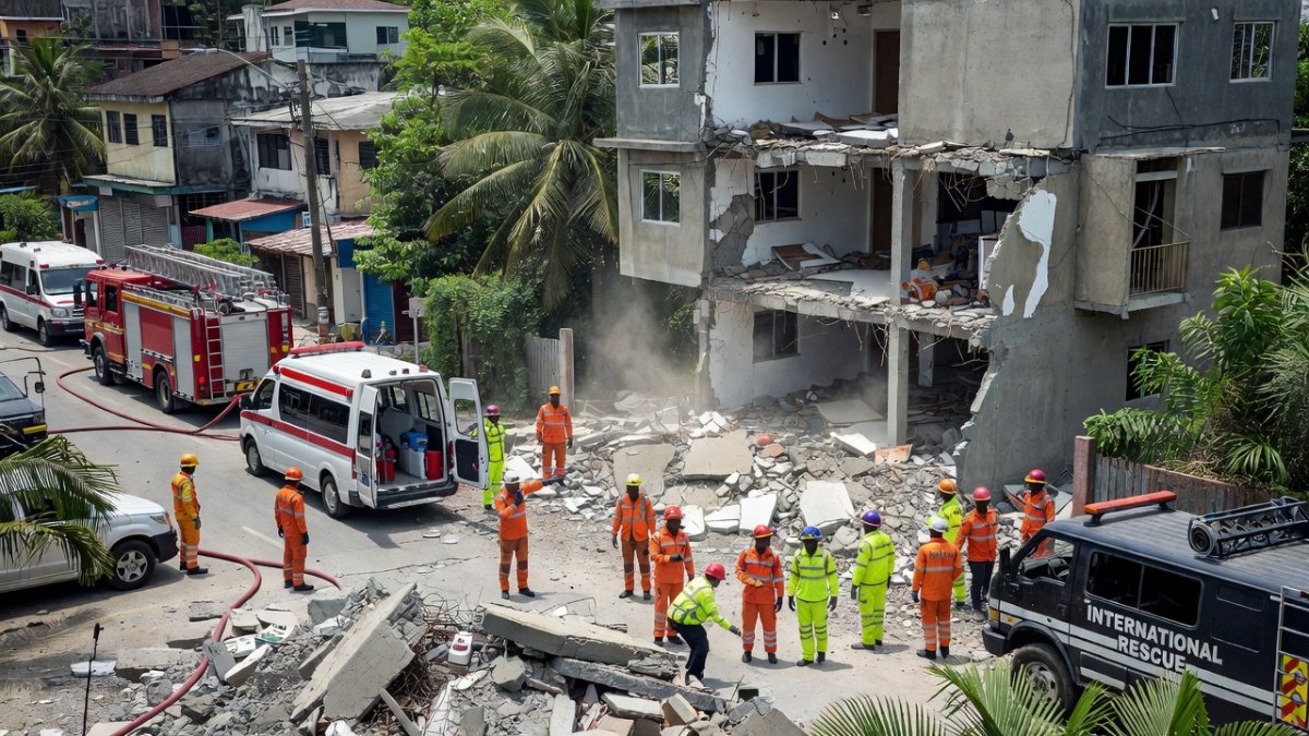 International rescue teams at a collapsed parking structure in Catia La Mar, Venezuela