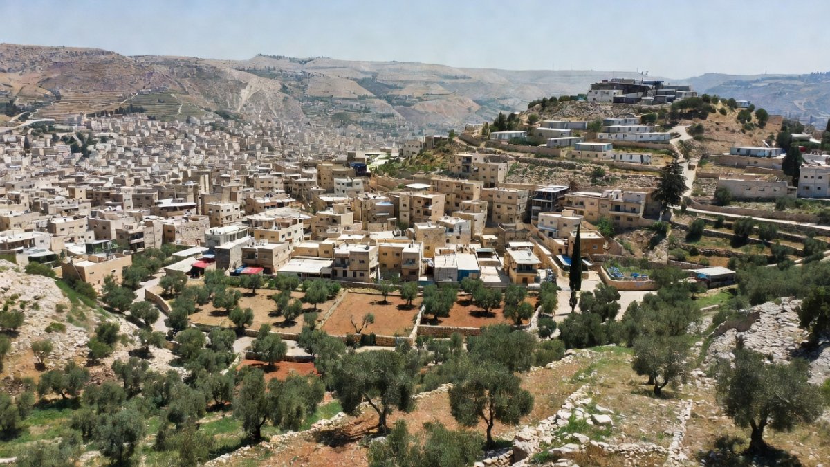 Aerial view of the occupied West Bank landscape surrounding Nablus with hills and olive groves