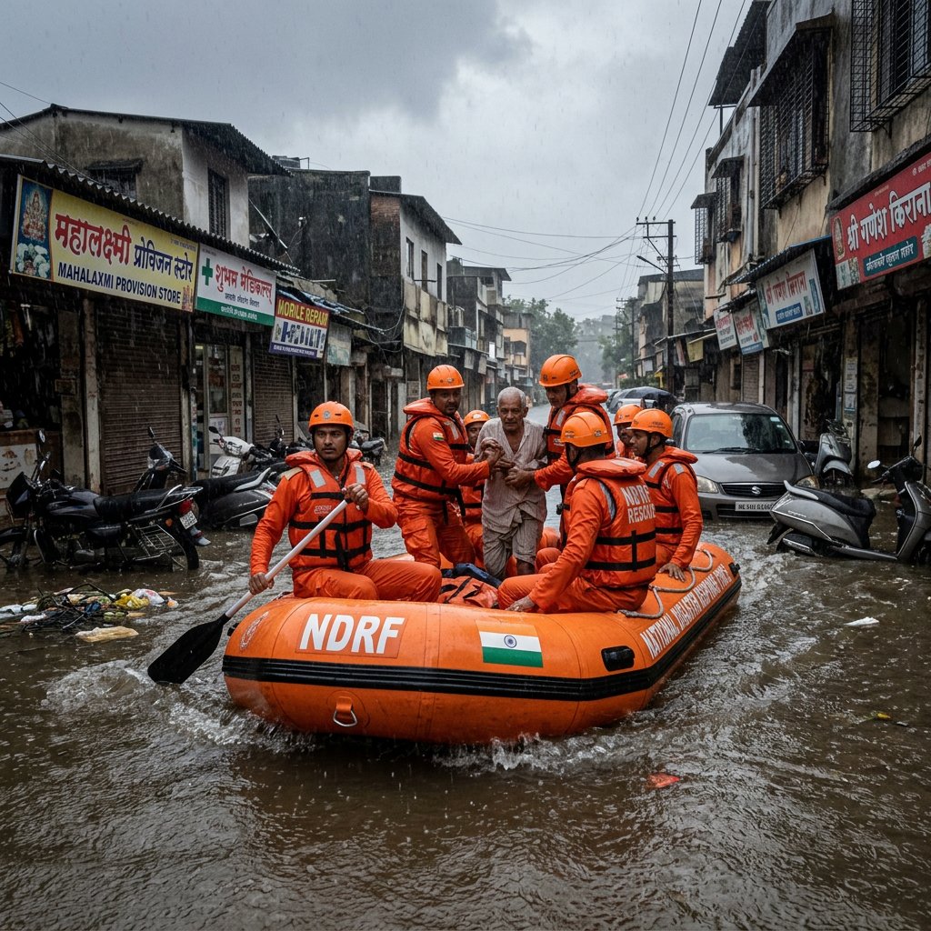 NDRF inflatable rescue boat moves through a flooded Maharashtra town