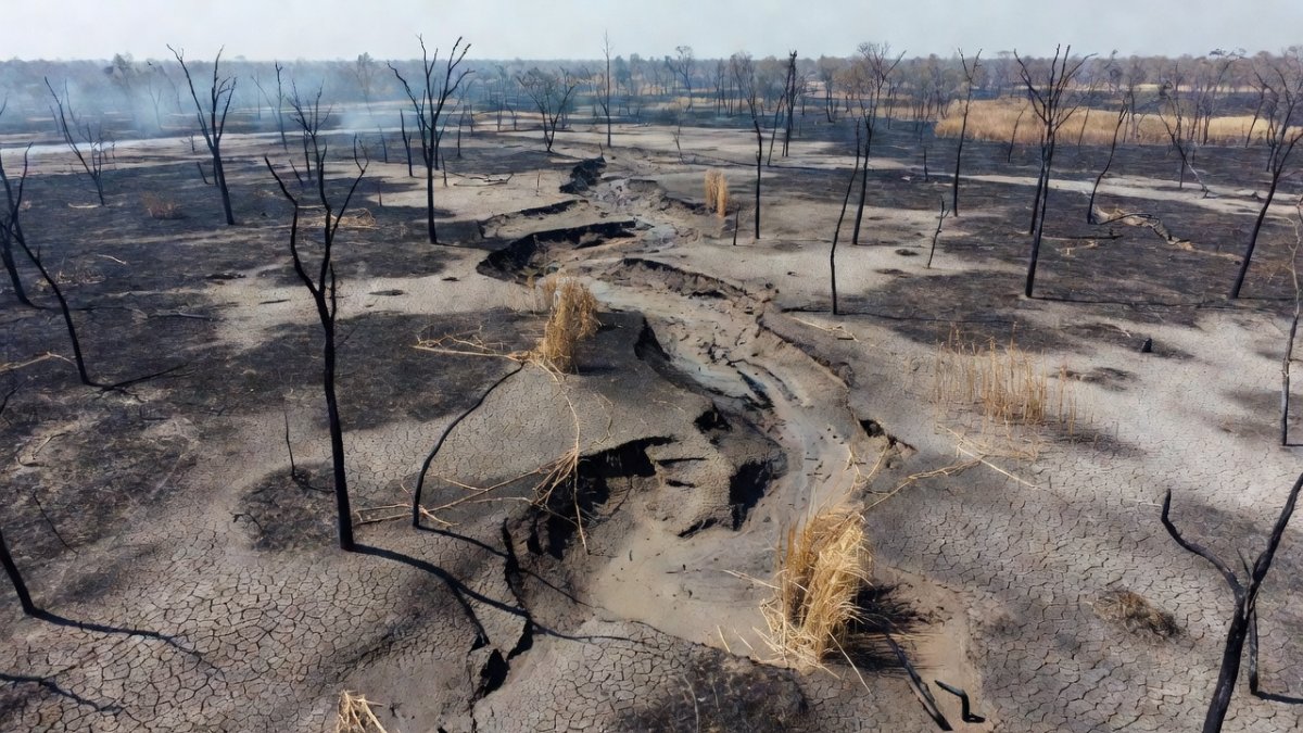 Burned Pantanal landscape showing dry cracked earth and dead vegetation from record wildfires