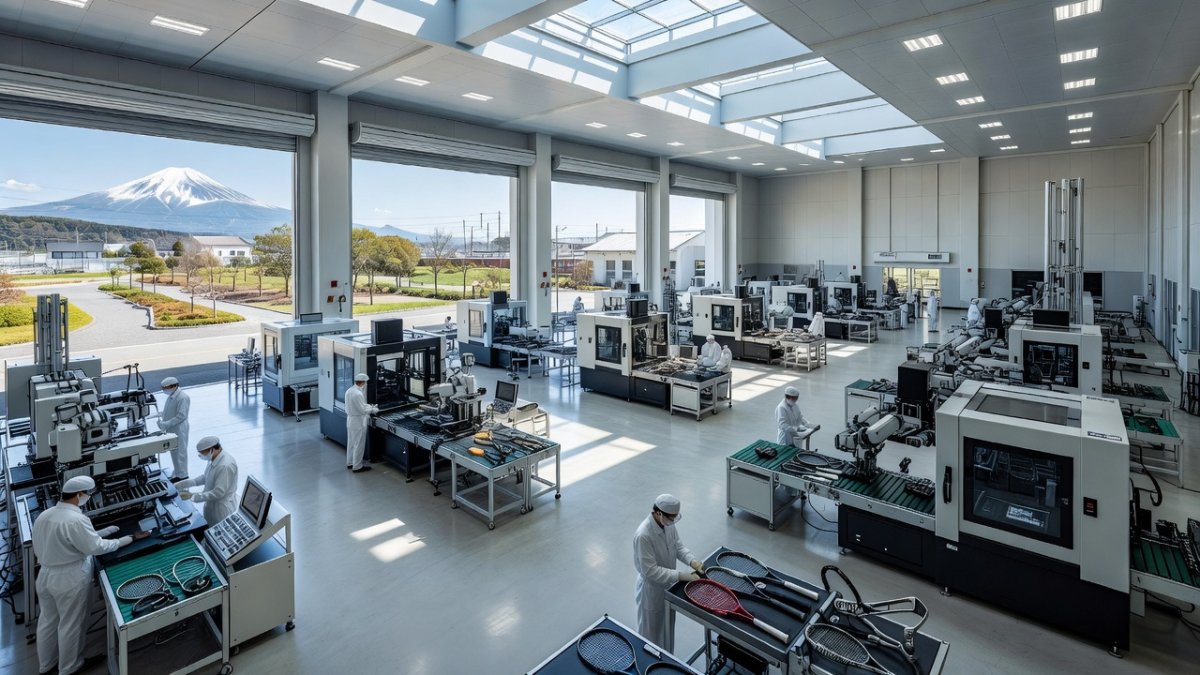 Aerial view of Japanese manufacturing facility producing precision sports equipment with advanced machinery