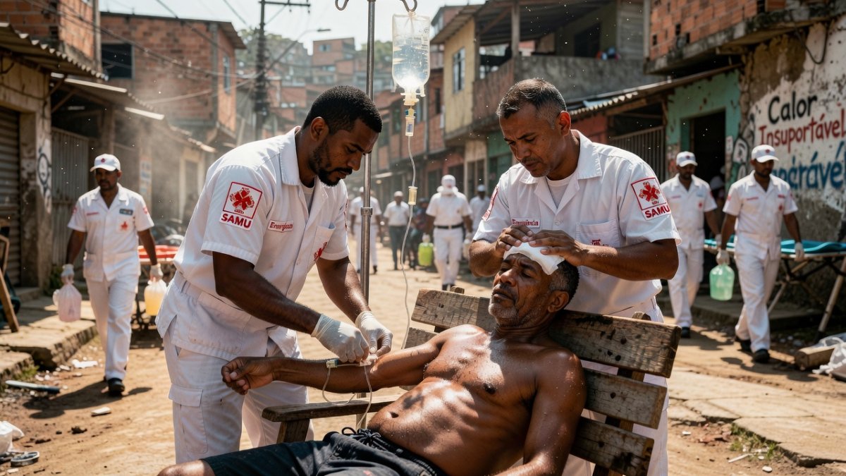 Medical workers treating heat exhaustion victim in favela during heatwave emergency