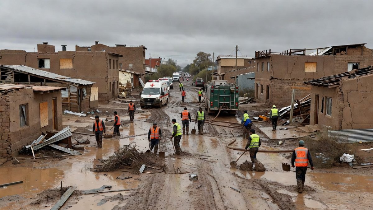 Damaged homes and rescue operations in a Chilean town affected by flooding