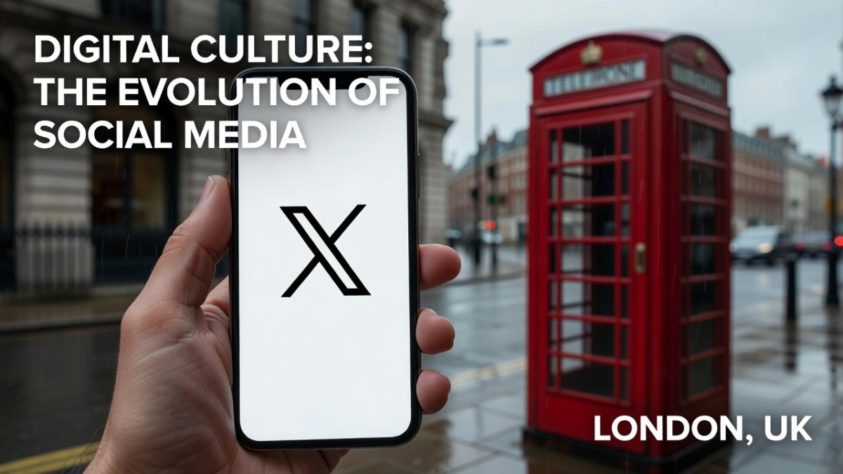 X social media platform logo displayed on a smartphone in a British setting with a London telephone box in the background