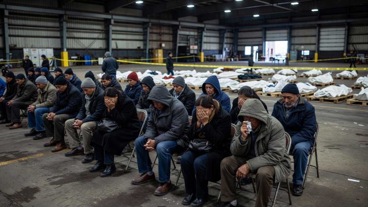 Families gather at the Los Silos port facility makeshift morgue in La Guaira, Venezuela