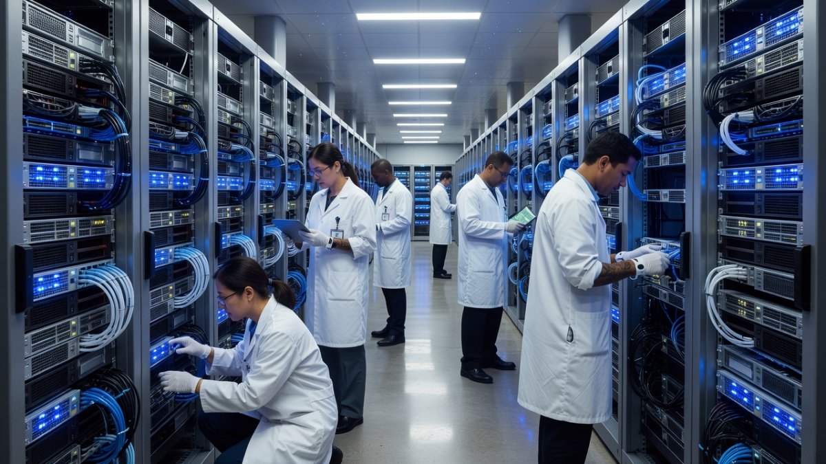 Interior of a high-tech data center with server racks and blue LED lighting