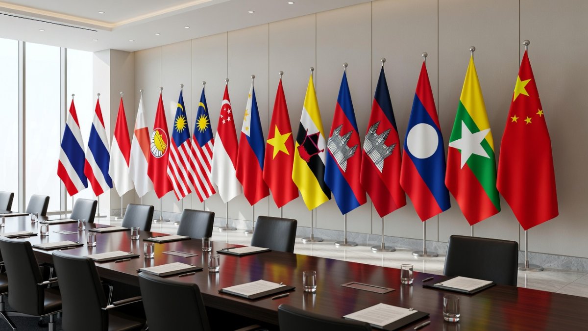 ASEAN and Chinese flags at a diplomatic meeting venue