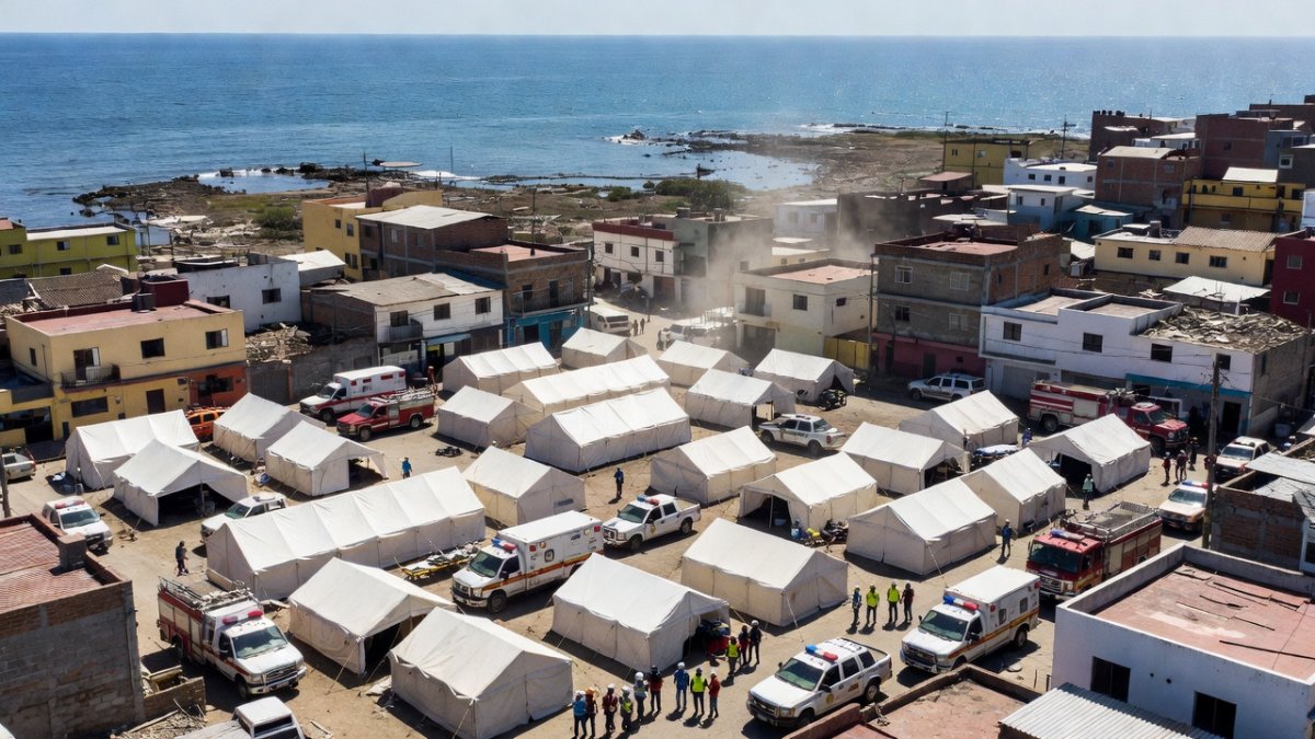 Emergency rescue operations and recovery tents in coastal Venezuela