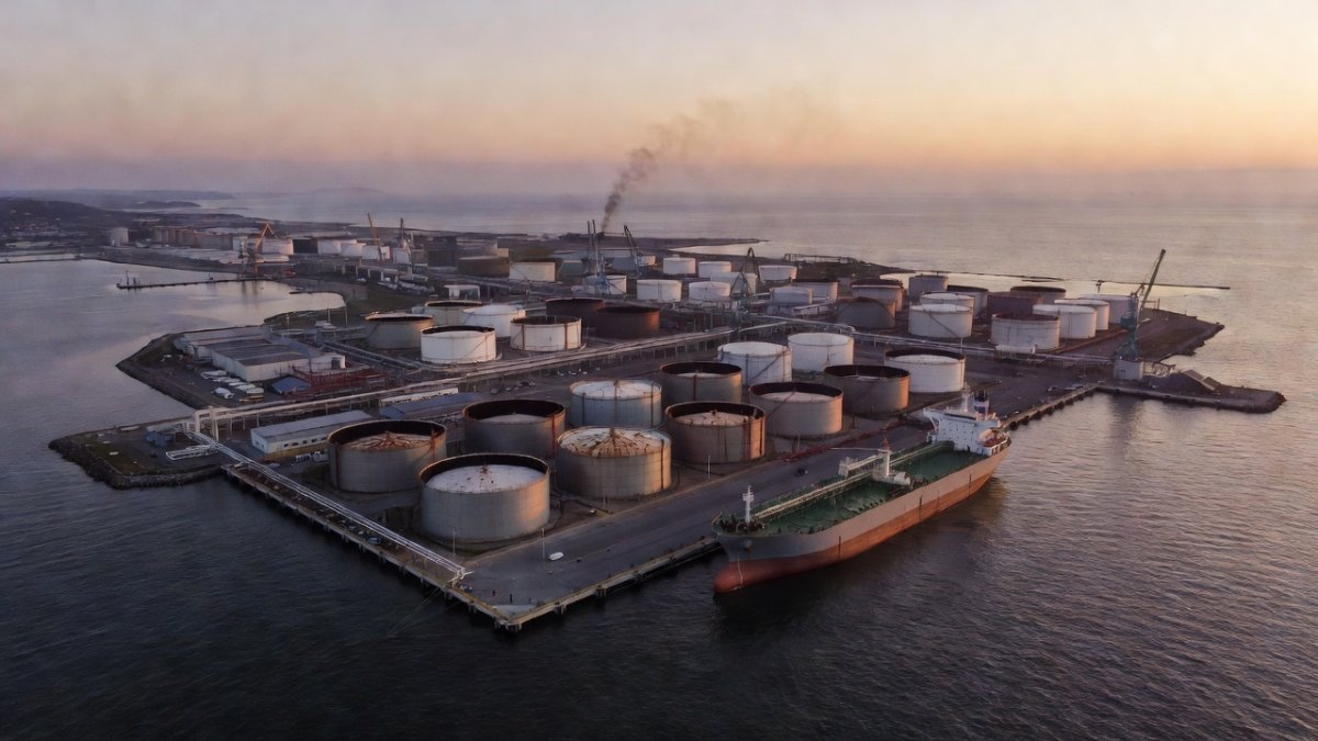 Aerial view of Sea of Azov port with fuel storage tanks and tanker vessel