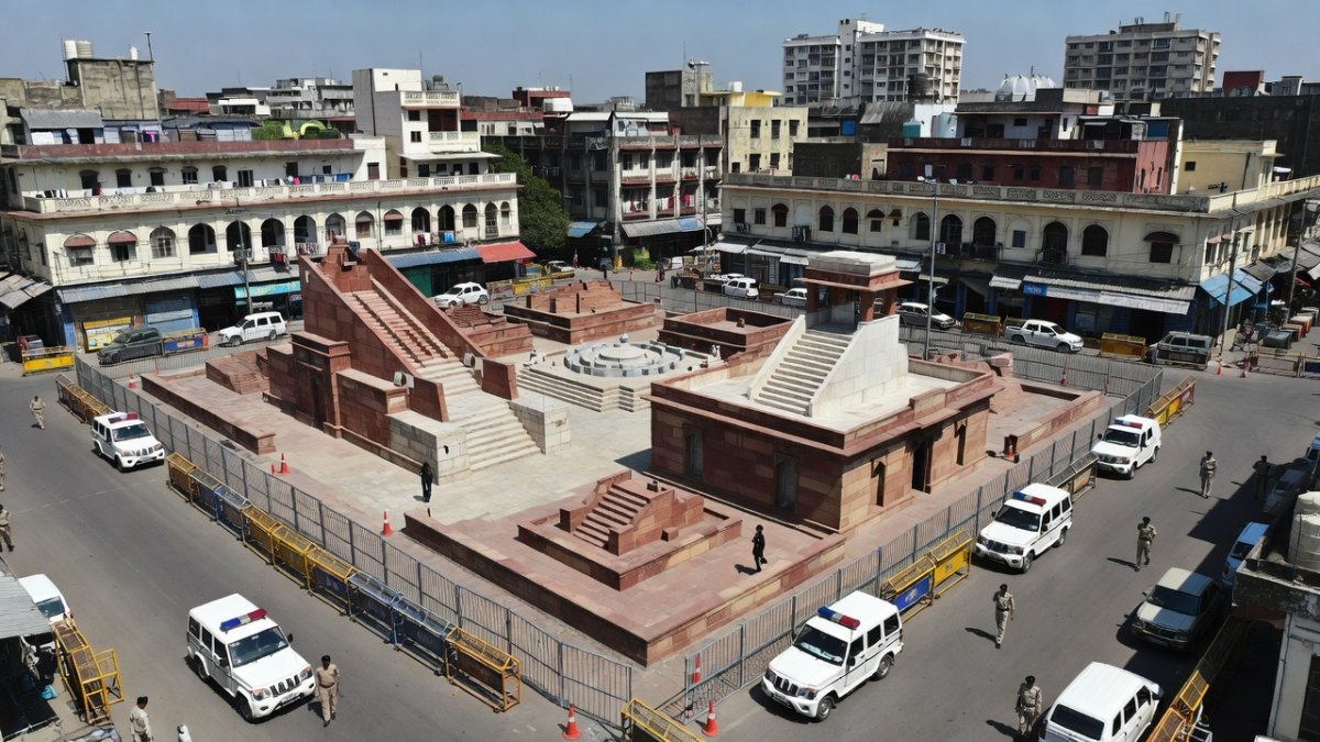 Jantar Mantar monument in New Delhi with security barricades