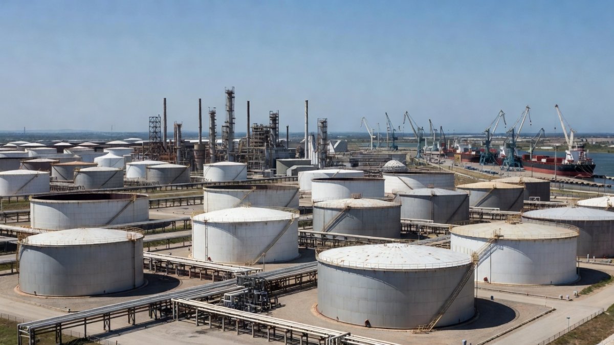 Oil refinery and port facilities with storage tanks, industrial energy infrastructure