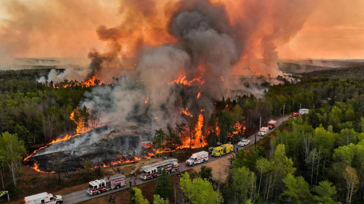 Fire crews responding to the Mooseland Road wildfire in Halifax County, Nova Scotia