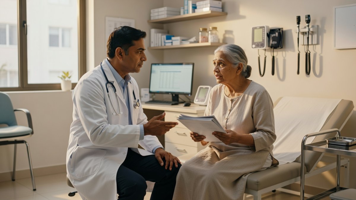 Indian doctor consulting a patient with fever symptoms in a modern clinic setting