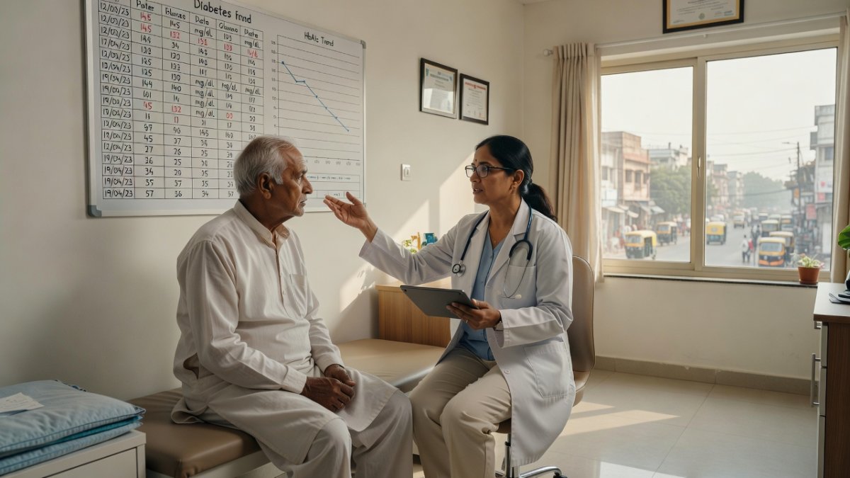 Indian diabetes patient consulting with doctor in New Delhi clinic