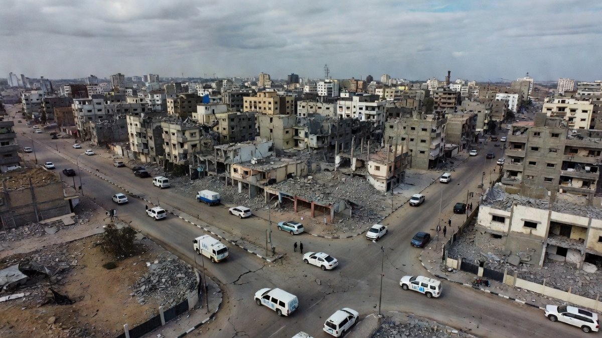 Gaza city aerial view showing damaged buildings and humanitarian crisis