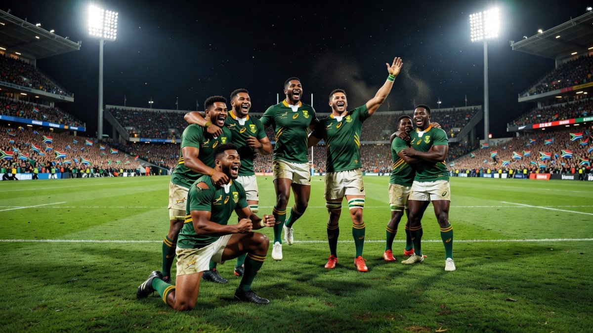 Springboks players celebrating their 45-21 victory over England