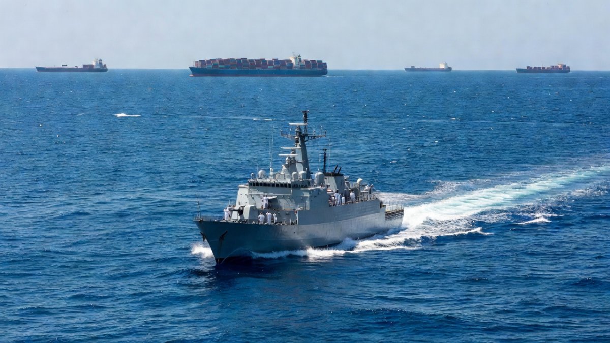 Naval patrol vessel near cargo shipping lanes in the Strait of Hormuz