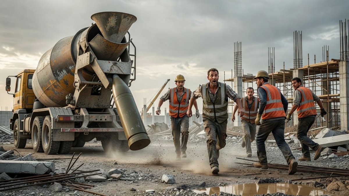 Mortar shell drops from concrete truck, sending workers fleeing