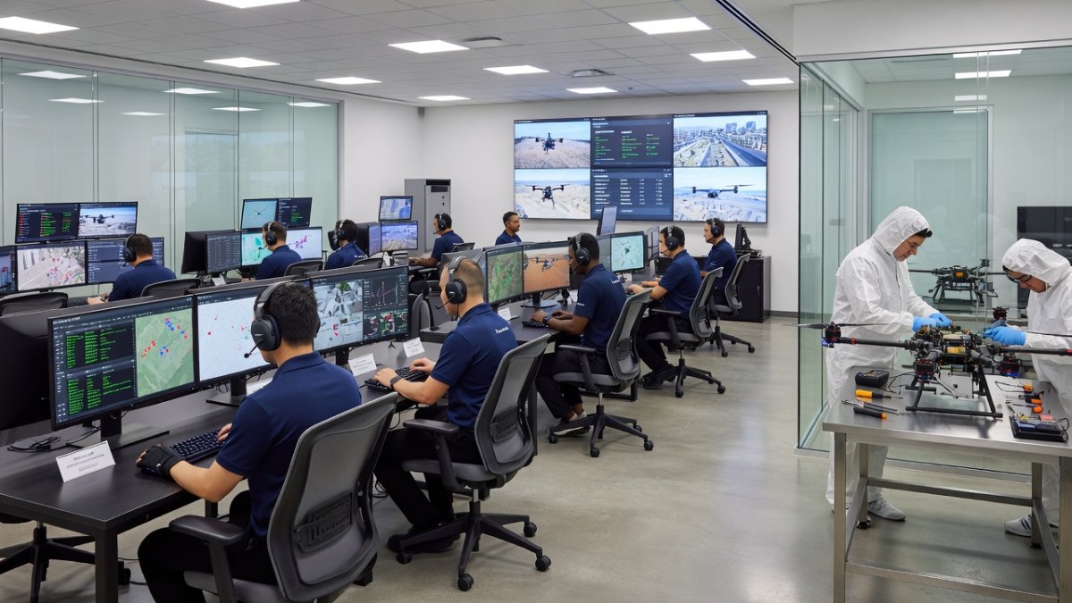 Modern drone command and control center with monitoring stations for unmanned aerial vehicle operations