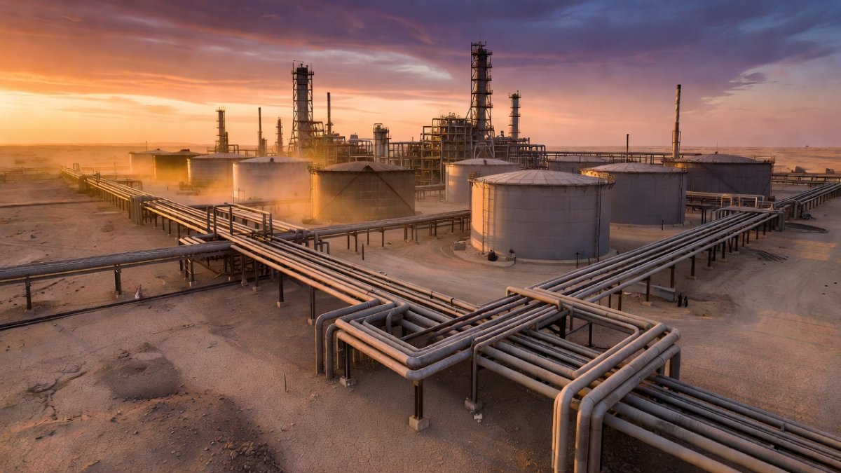 Middle Eastern oil refinery at sunset reflecting energy crisis