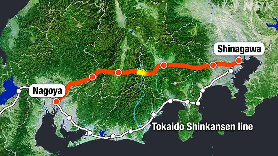 Route map of the Linear Chuo Shinkansen showing the Shizuoka section where construction was blocked for nearly a decade