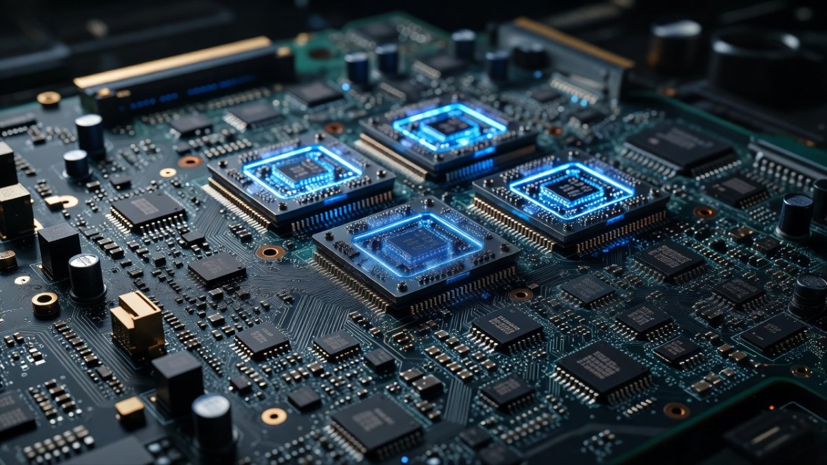 Close up of AI GPU processor chip with glowing blue cores representing WAN 2.2 inference hardware