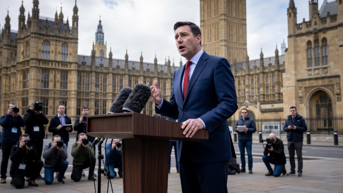 UK Parliament with political press conference setting