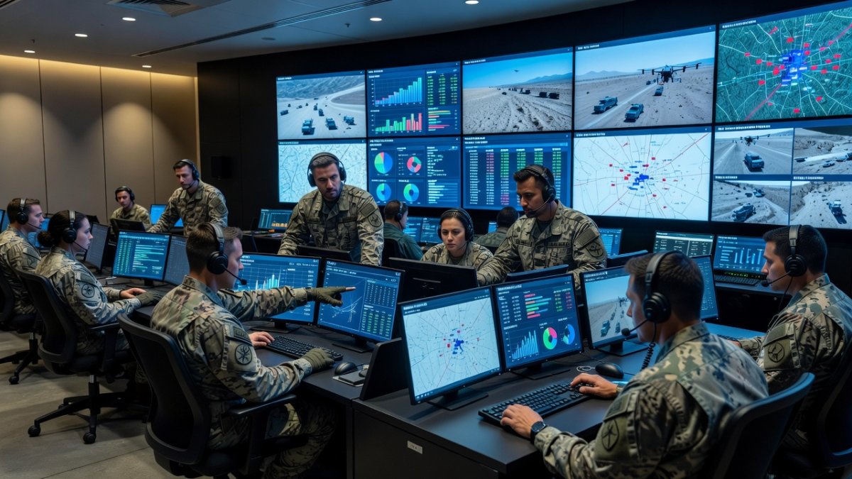 Ukrainian military command center with drone feed monitors and personnel analyzing battlefield data