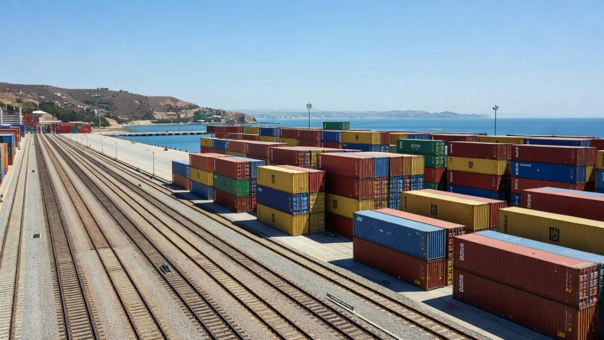 Mexican port with rail tracks and cargo containers leading to the Pacific coast