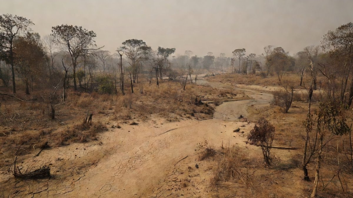 Dry Amazon forest landscape during drought season with smoke haze