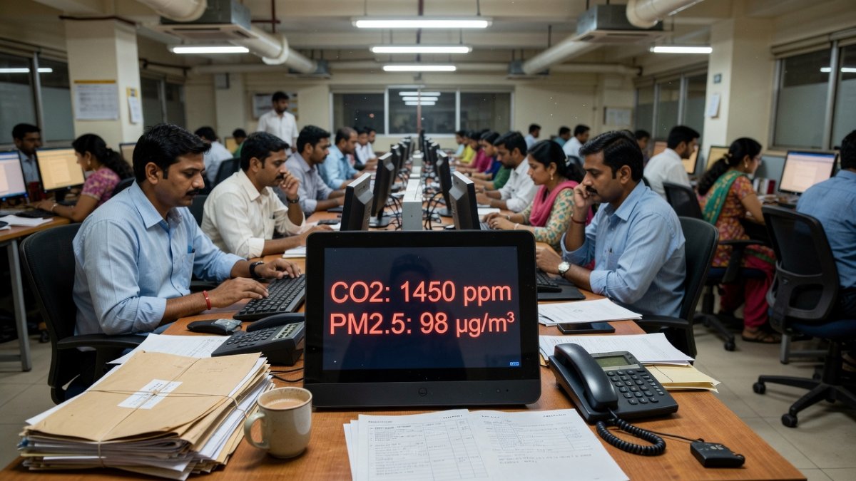 Indoor air quality monitoring device displaying CO2 and PM2.5 readings in a corporate office in India