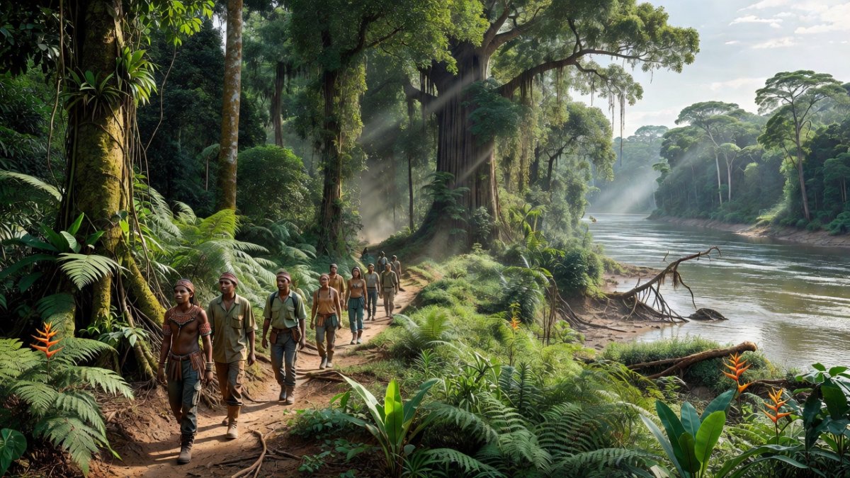 Indigenous community members patrolling the Amazon rainforest