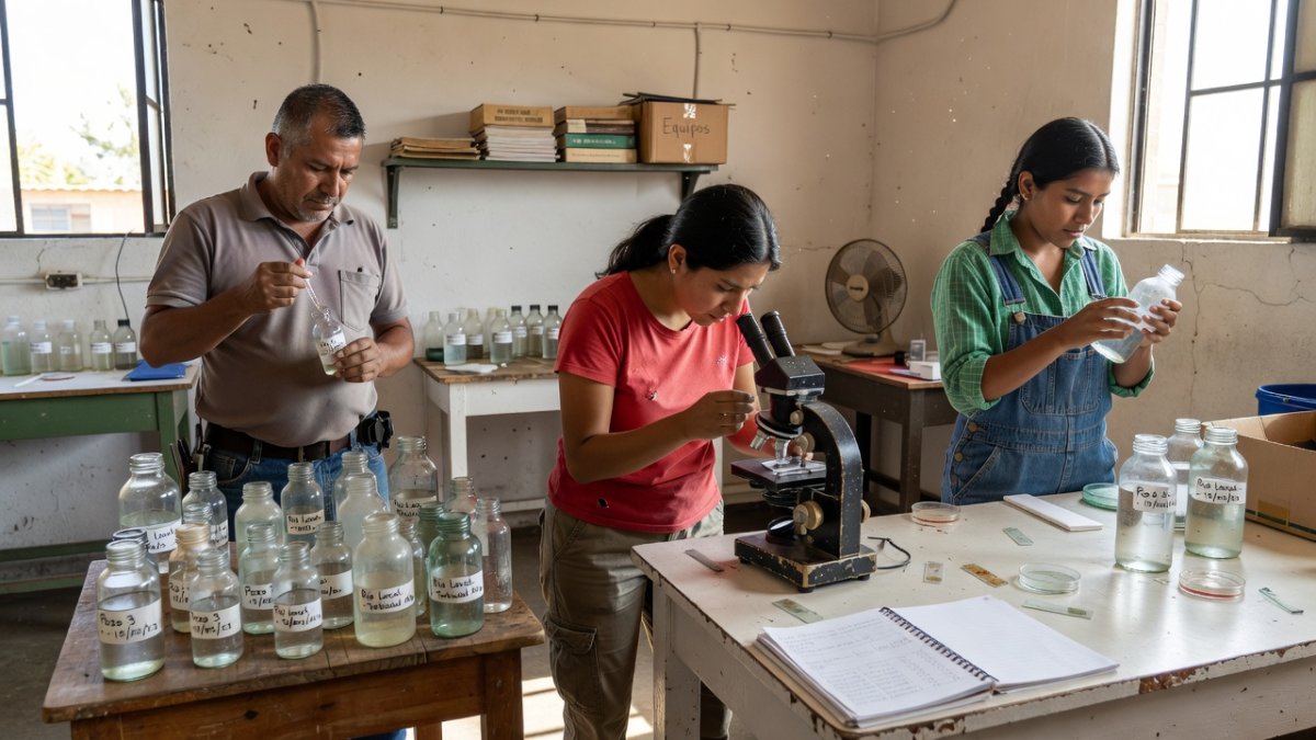 Community water testing laboratory with sample bottles and scientific equipment