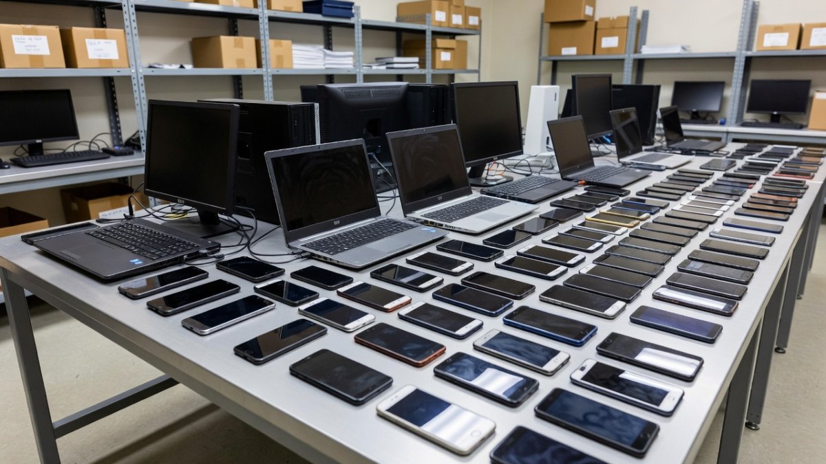 Police evidence display showing seized electronic devices including computers and mobile phones