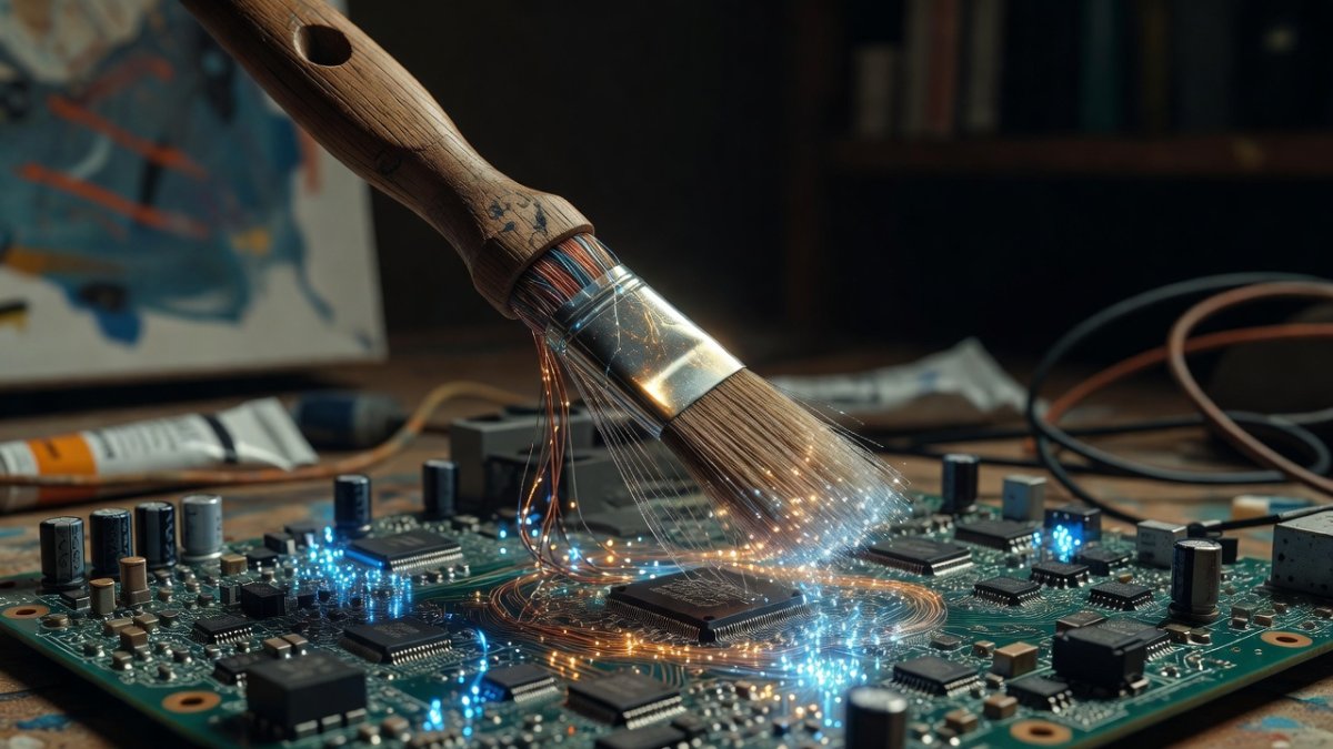 Digital paintbrush emerging from circuit board illustrating the fusion of AI technology and human artistry