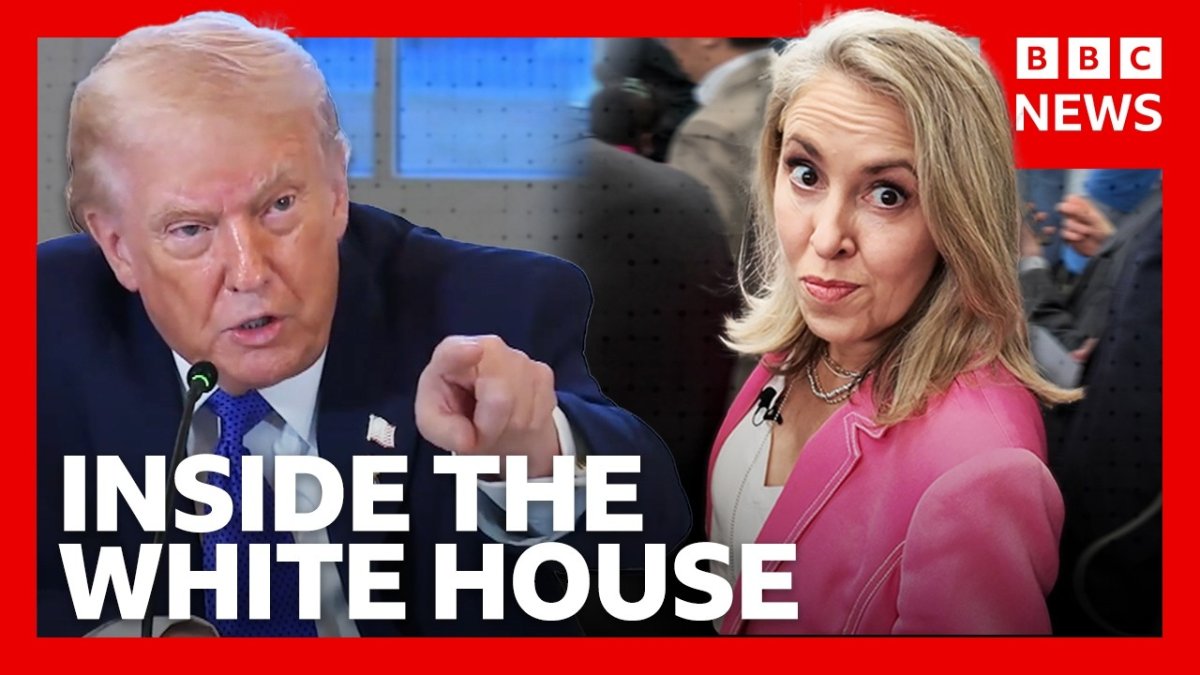 BBC News thumbnail showing Sarah Smith reporting from the White House press briefing room