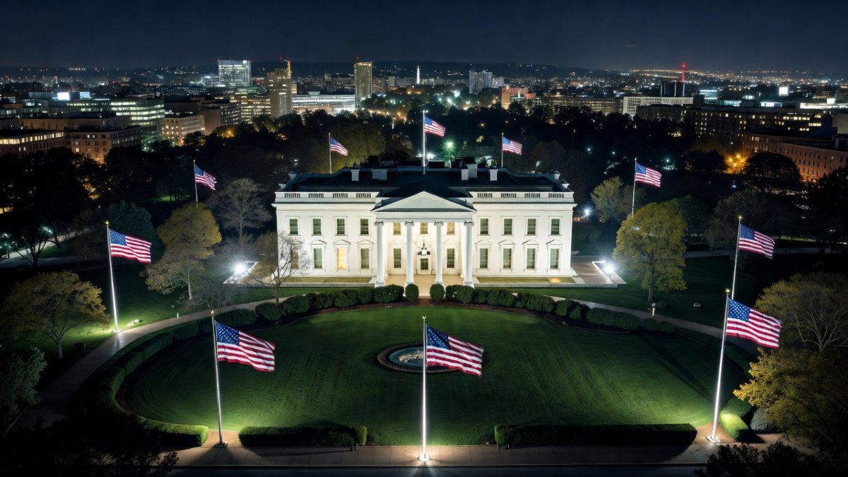 The White House illuminated at night with American flags during US 250th anniversary celebrations