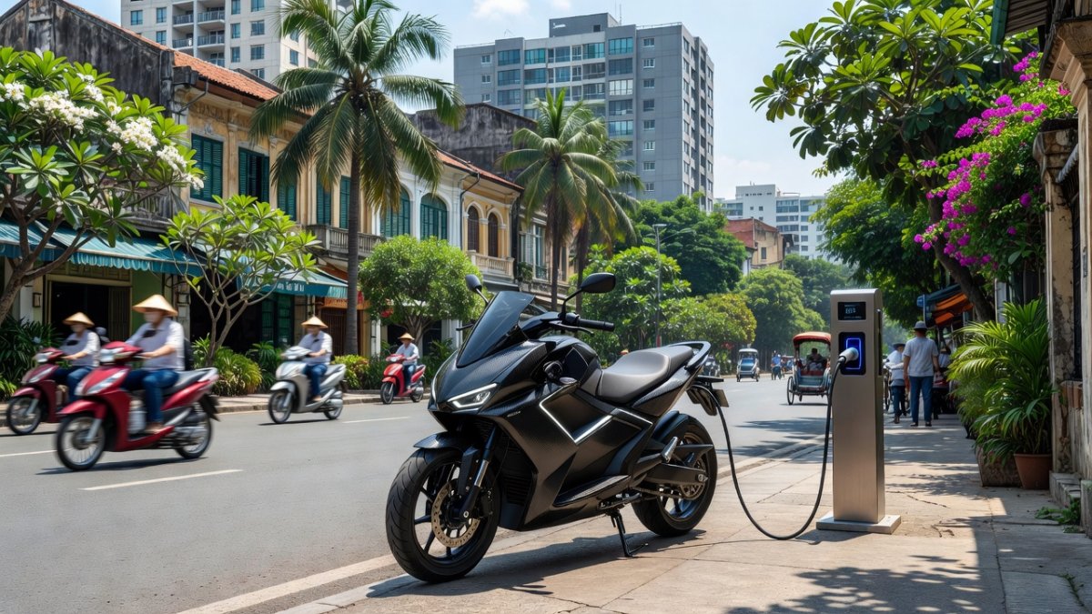 VinFast electric motorcycle charging station in Hanoi