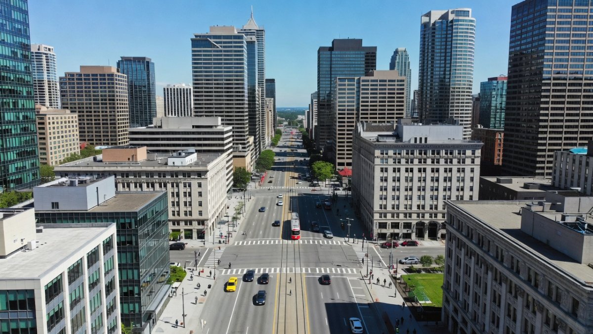 Aerial view of the U.S. Consulate building at 360 University Avenue in downtown Toronto