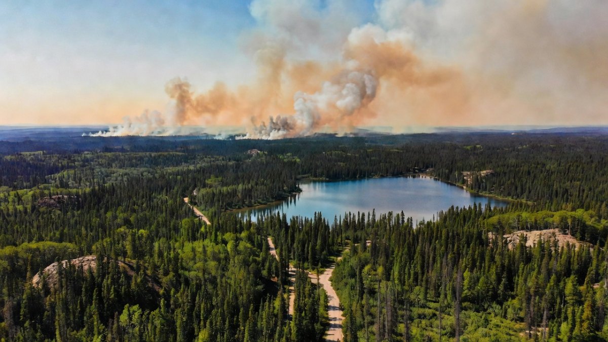 Aerial view of boreal forest wildfire smoke in northwestern Ontario