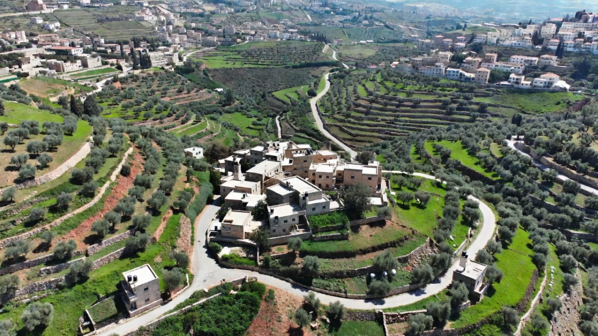 Aerial view of Palestinian village and olive groves in the occupied West Bank landscape