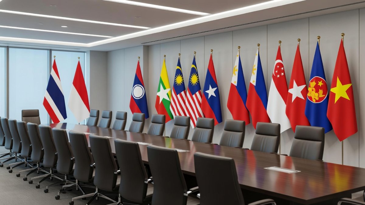 ASEAN member state flags displayed at a diplomatic conference room