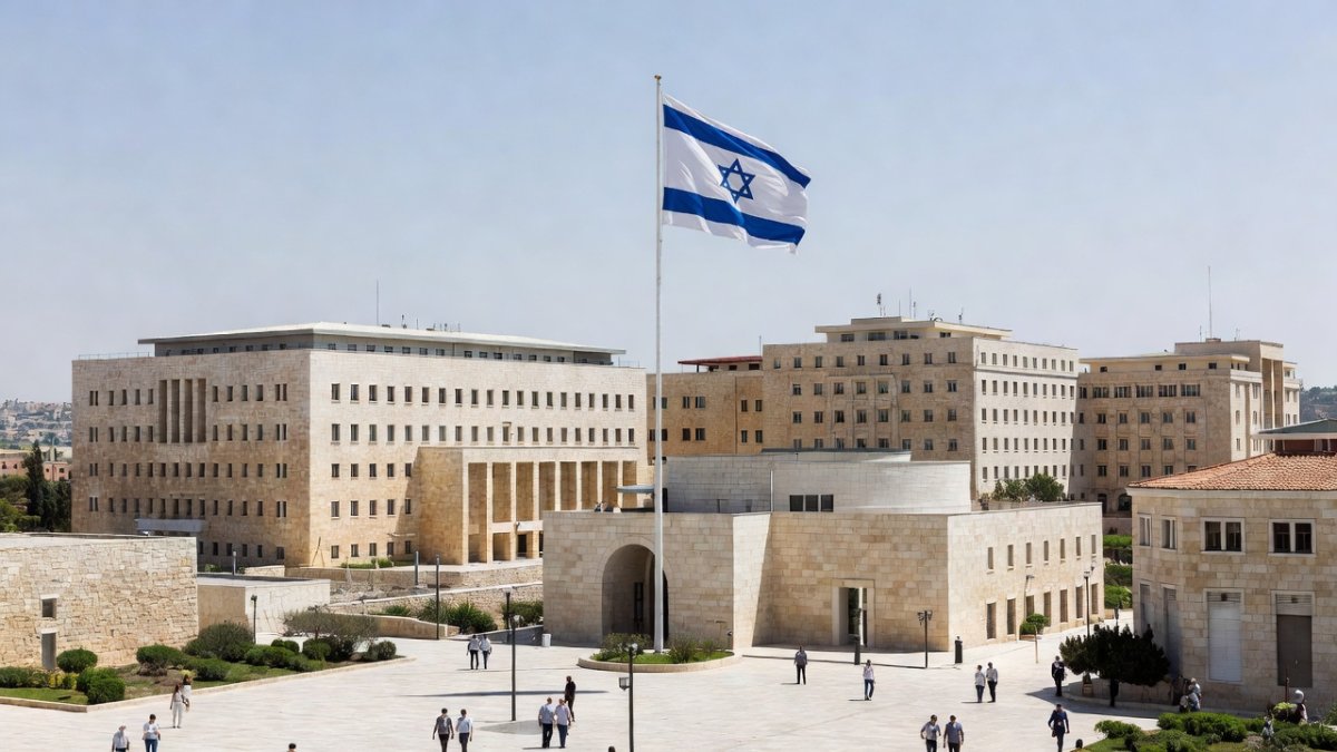 Jerusalem skyline with government buildings, representing the strategic US-Israel alliance amid the Iran war