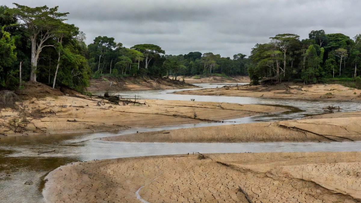 Drought-impacted Amazon river with dry riverbed, Brazil