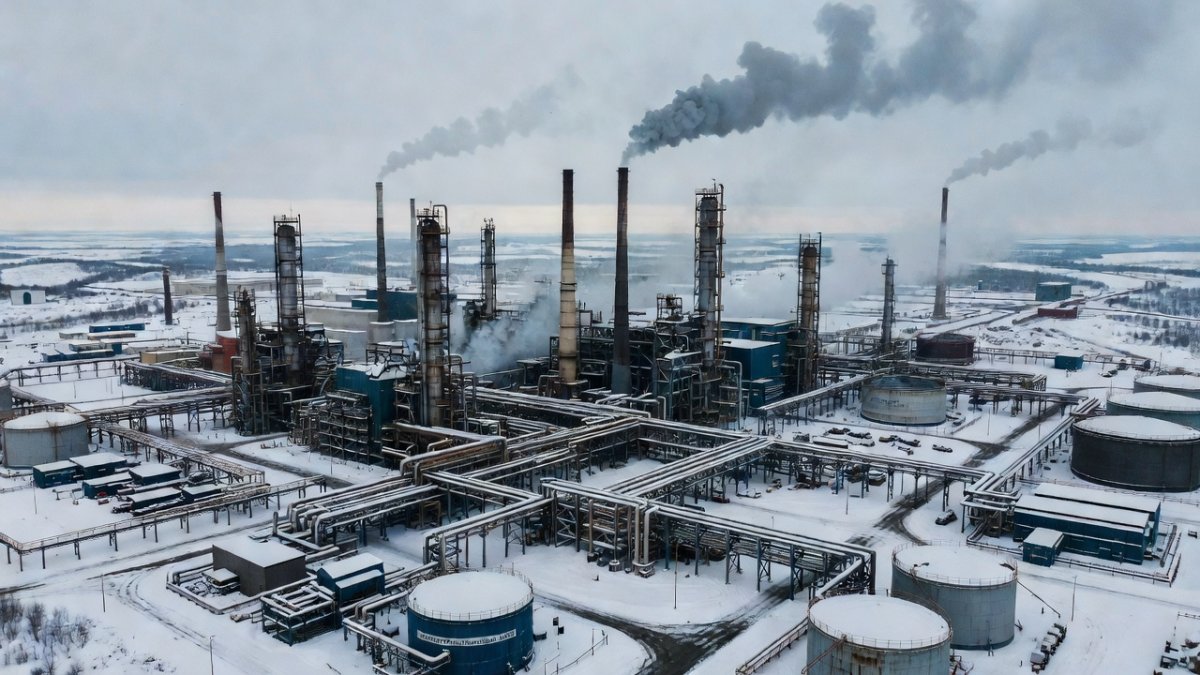 Aerial view of a Russian oil refinery complex, part of the energy infrastructure targeted by Ukrainian drone strikes